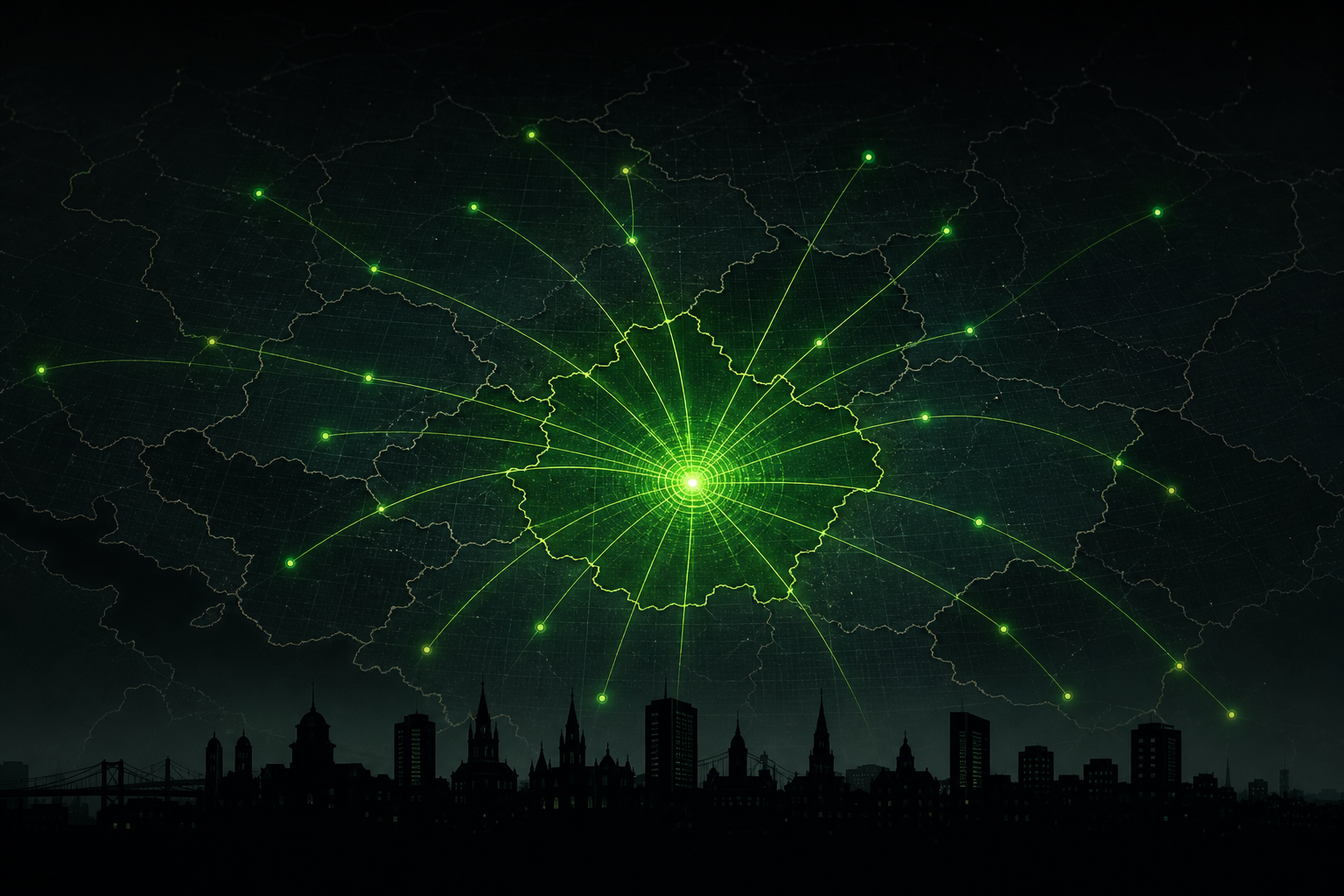 Abstract network hub radiating green connections from a Central European operational center