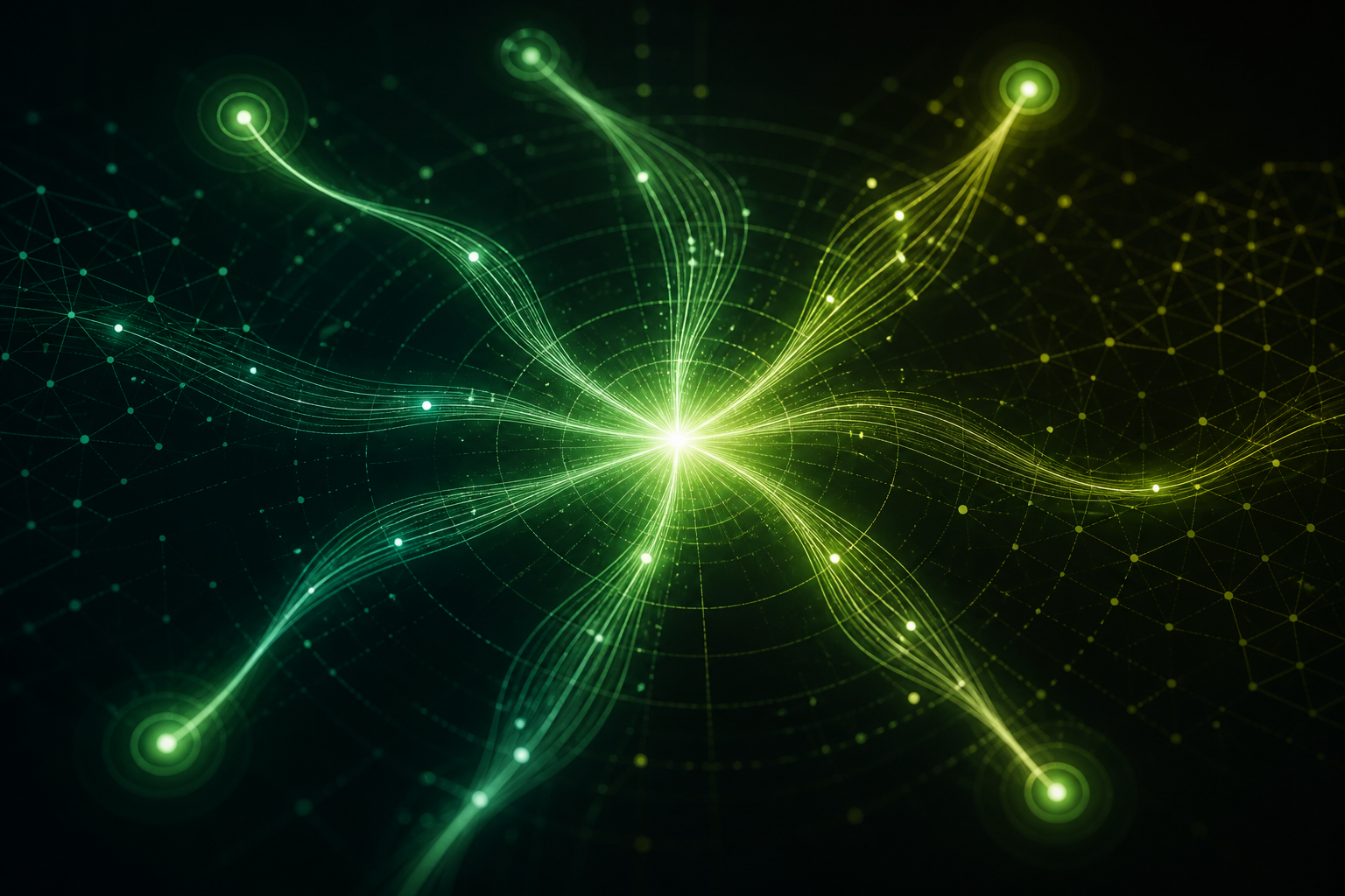 Converging green nodes representing cross-functional collaboration