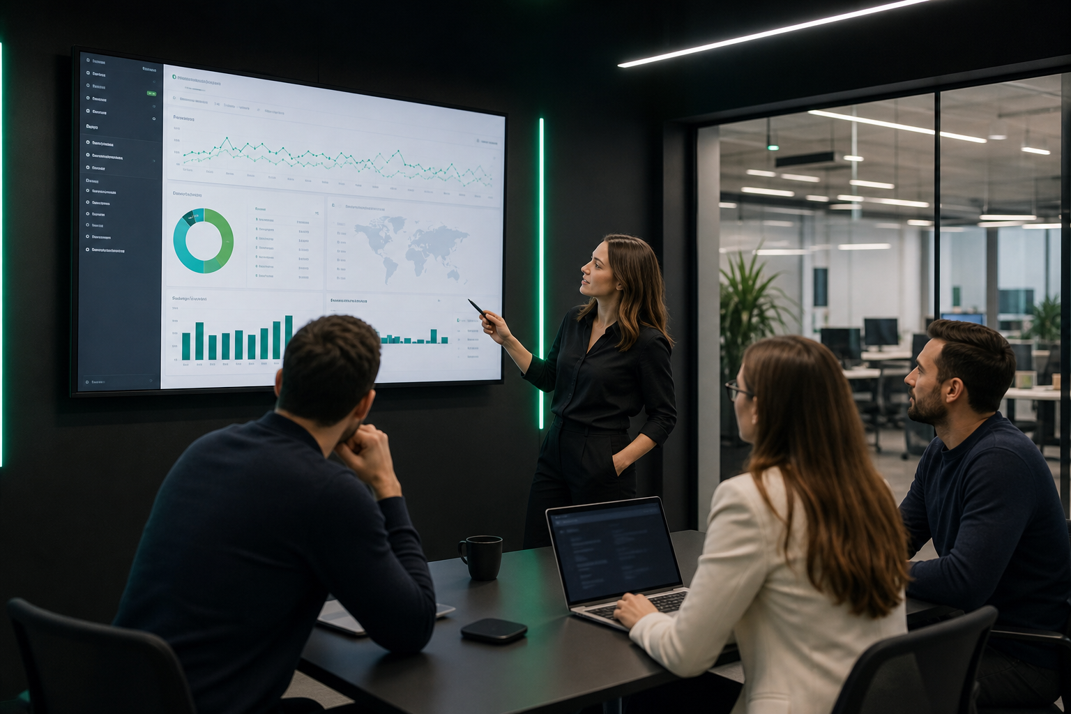 Consulting team collaborating on digital campaign analytics in a modern office