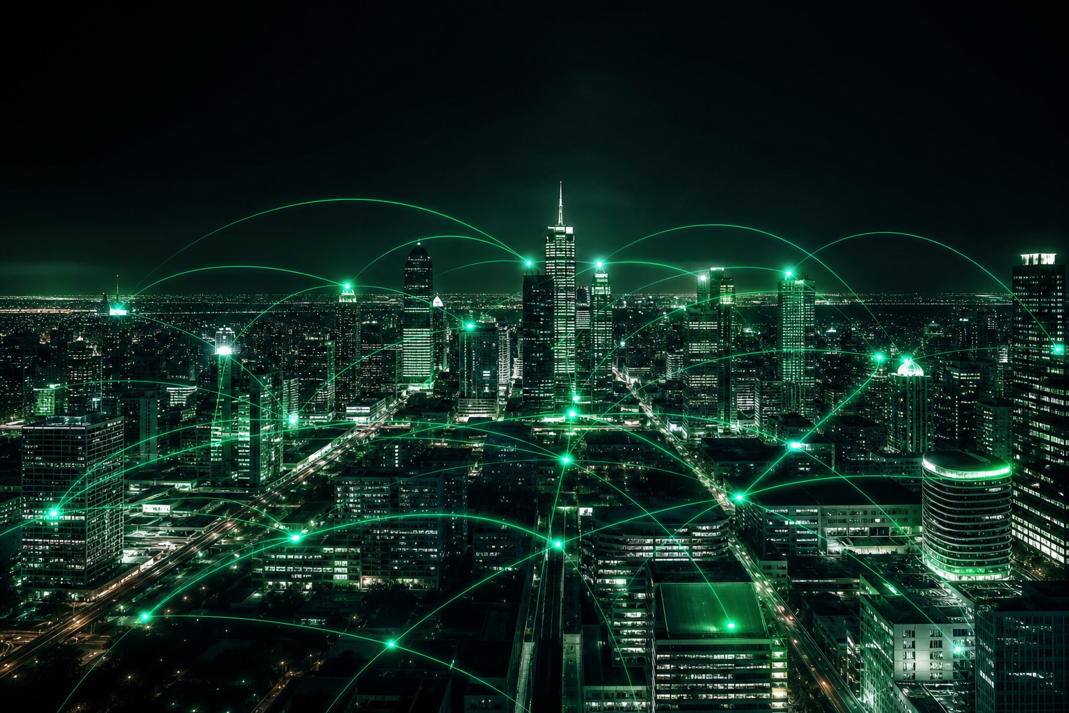 Aerial view of a modern city at night with glowing green digital connection lines between buildings