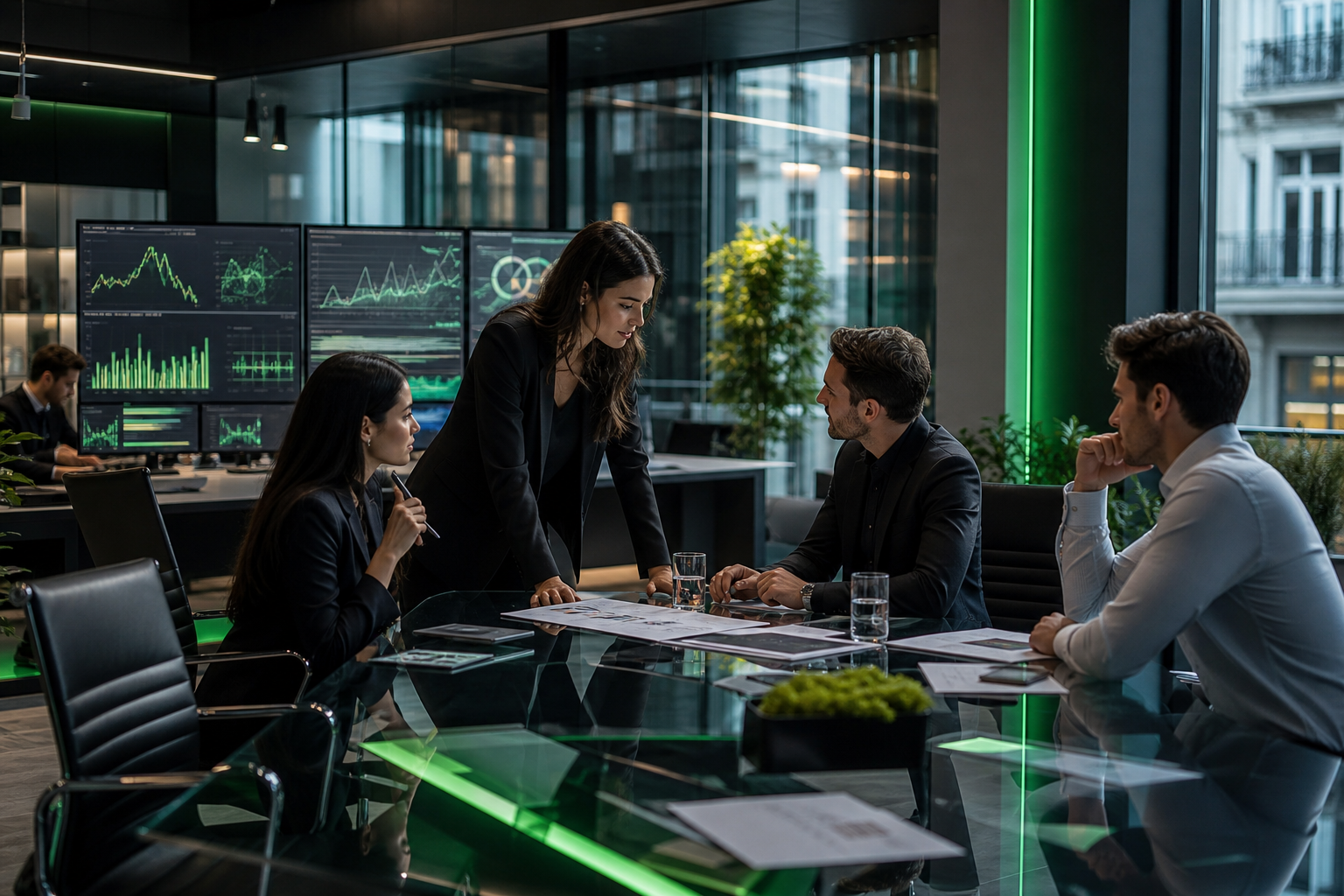 Modern IT consulting workspace with collaborative team and data analytics displays