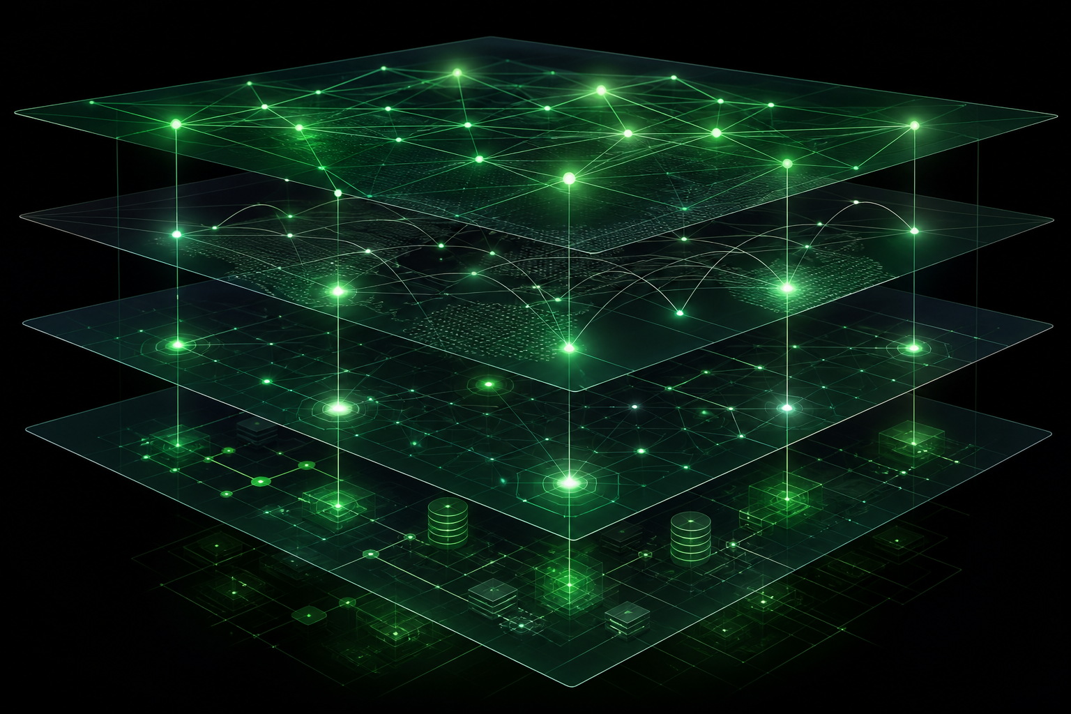 Layered digital ecosystem with interconnected green nodes on dark planes