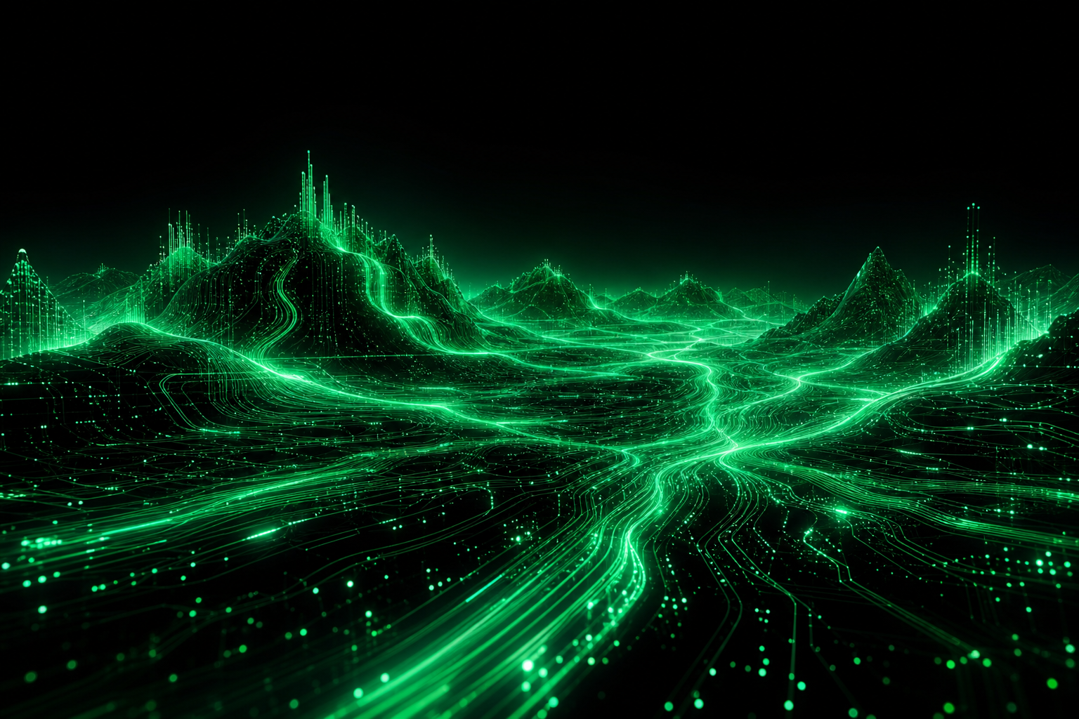 Abstract digital terrain with flowing green data streams across a technology landscape