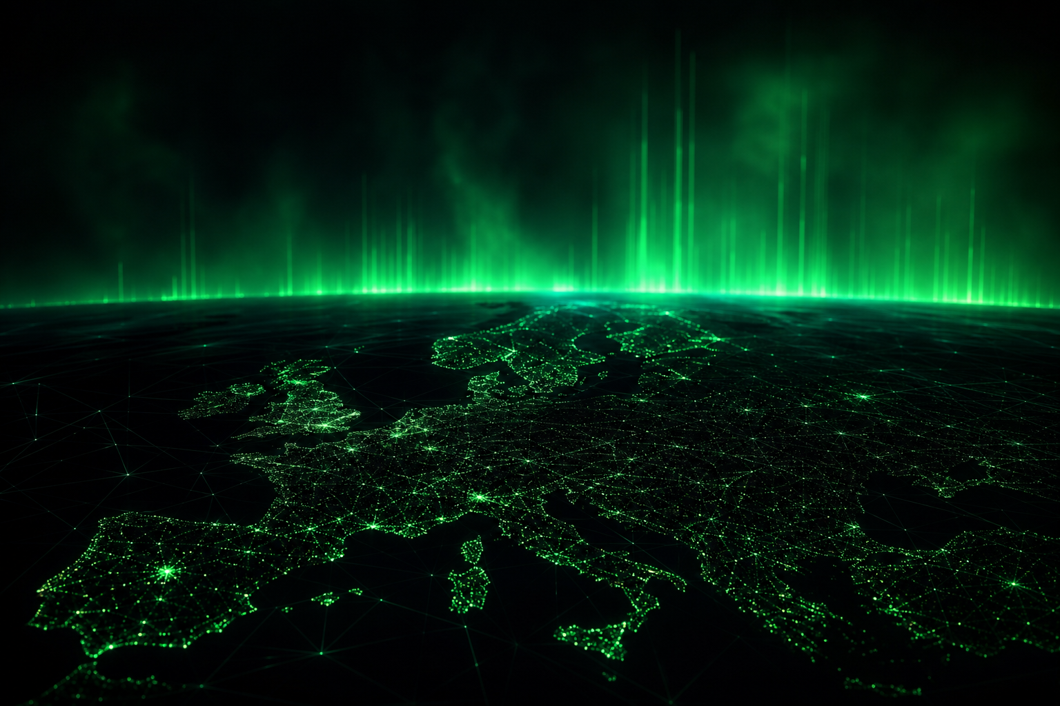 Green aurora-like data lights on a dark horizon representing the European digital frontier