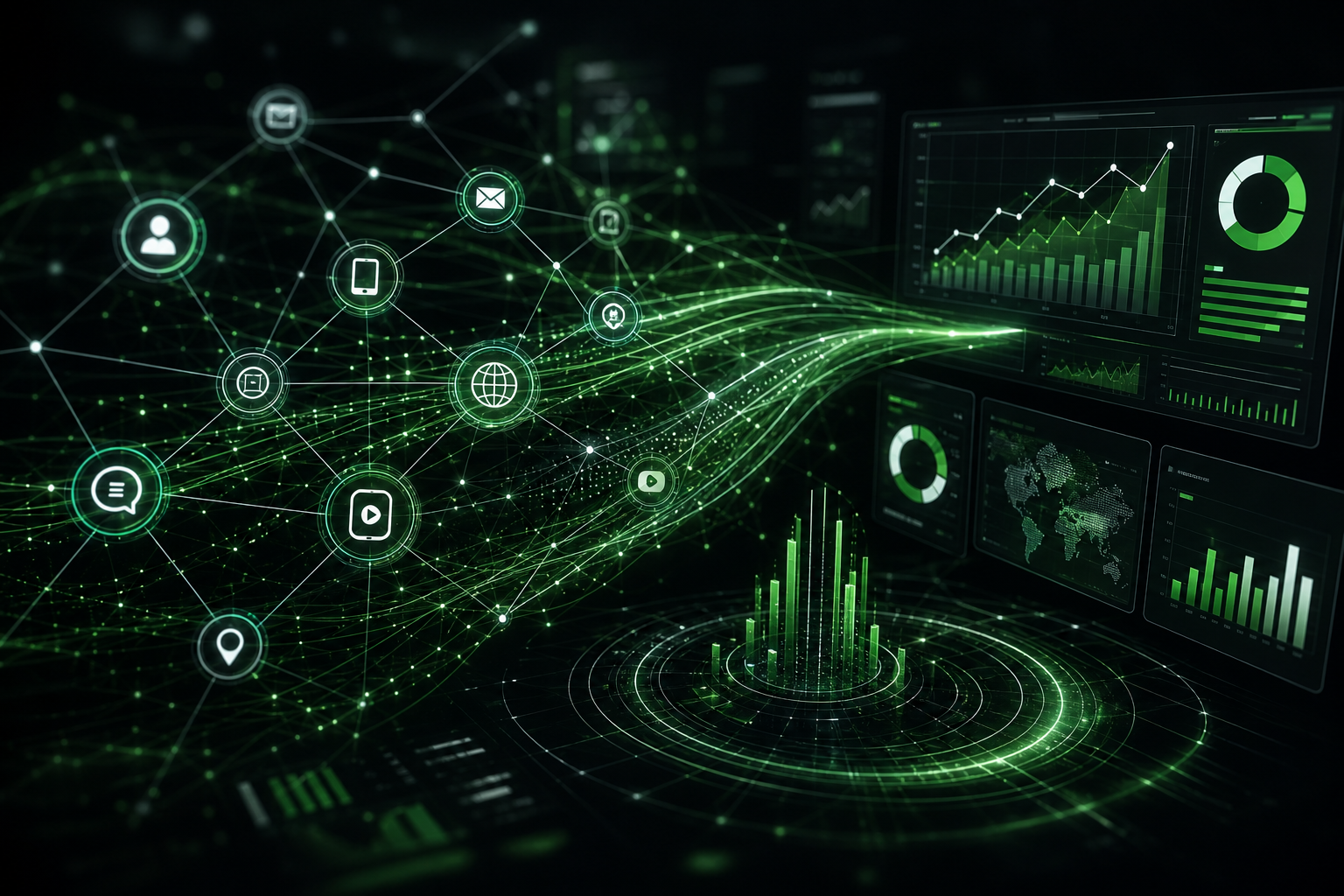 Abstract visualization of interconnected digital marketing data networks with green glowing connections